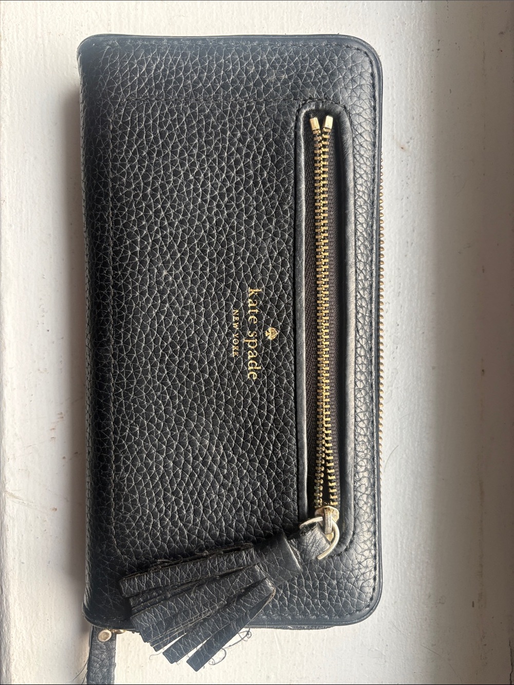 kate spade Black Pebbled Leather Zip Wallet with Tassel